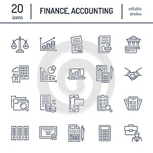 Financial accounting flat line icons. Bookkeeping tax optimization, firm dissolution, accountant outsourcing, payroll