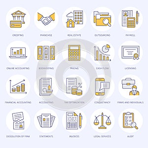 Financial accounting flat line icons. Bookkeeping, tax optimization, firm dissolution, accountant outsourcing, payroll photo