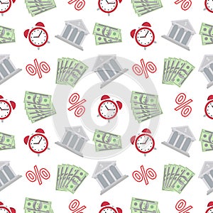 Financial accounting seamless pattern with flat icons. Bookkeeping background, tax optimization, loan, payroll, real