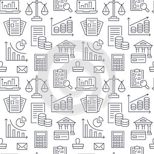 Financial accounting seamless pattern with flat line icons. Bookkeeping background, tax optimization, loan, invoice