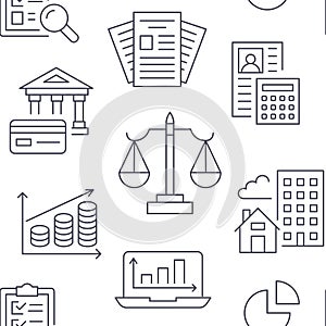 Financial accounting seamless pattern with flat line icons. Bookkeeping background, tax optimization, loan, invoice