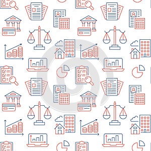 Financial accounting seamless pattern with flat line icons. Bookkeeping background, tax optimization, loan, invoice