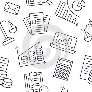 Financial accounting seamless pattern with flat line icons. Bookkeeping background, tax optimization, loan, payroll