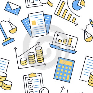 Financial accounting seamless pattern with flat line icons. Bookkeeping background, tax optimization, loan, payroll