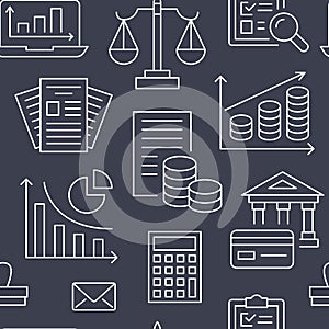 Financial accounting seamless pattern with flat line icons. Bookkeeping background, tax optimization, loan, payroll