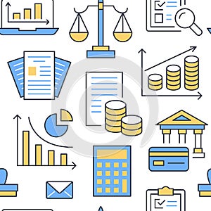 Financial accounting seamless pattern flat line icons. Bookkeeping background, tax optimization, loan, payroll, real