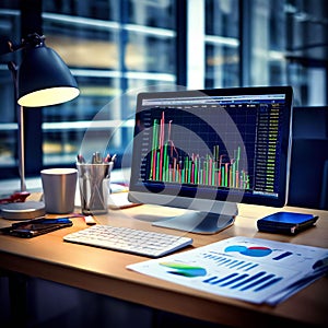 Financial accounting stock market graphs charts, at the work desk