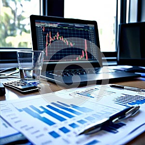 Financial accounting stock market graphs charts, at the work desk