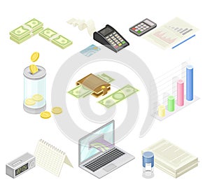 Financial Accounting with Summary, Analysis, Statement and Business Transaction Report Isometric Vector Set