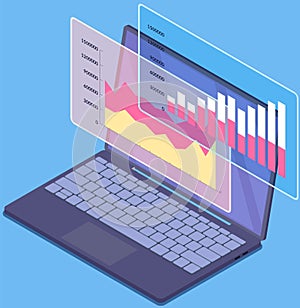 Financial accounting and work with statistics on laptop. Business process diagram, data analysis app