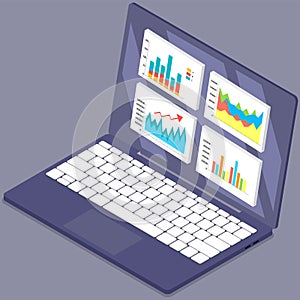 Financial accounting and work with statistics on laptop. Business process diagram, data analysis app