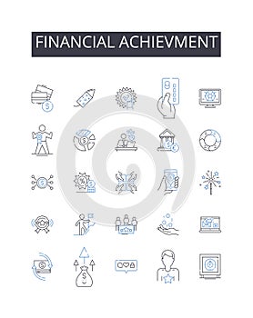 Financial achievment line icons collection. Economic success, Mtary victory, Fiscal accomplishment, Wealth attainment