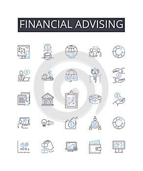 Financial advising line icons collection. eporter, Writer, Journalist, Blogger, Newsman, Broadcaster, Commentator vector photo