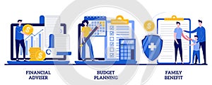 Financial advisor, budget planning, family benefit concept with tiny people. Money management abstract vector illustration set.