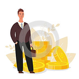 Financial advisor. Businessman is standing near coins, business finance concept, flat vector illustration
