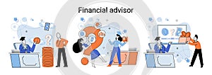 Financial advisor giving advice on investment money market analysis management planning for customer metaphor