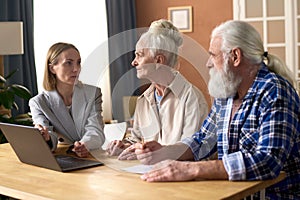 Financial advisor having meeting with senior couple
