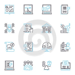 Financial allocation linear icons set. Budgeting, Distribution, Allocation, Planning, Allotment, Financial