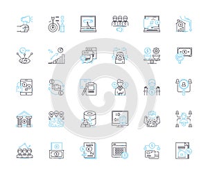 Financial allocation linear icons set. Budgeting, Distribution, Allocation, Planning, Allotment, Financial