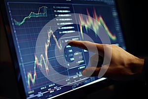 financial analysis as a hand points to a monitor screen displaying real-time data of market fluctuations.