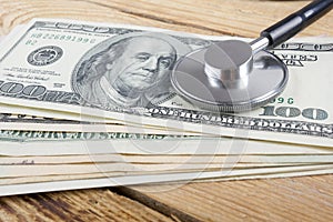 Financial analysis, audit or accounting - Stethoscope over a calculator and dollar bills on wooden table. Medical costs, financial