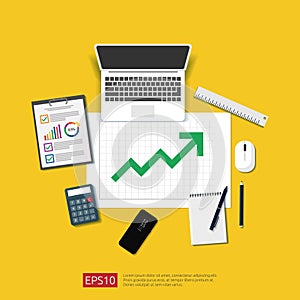 Financial Analysis business, financial statistic and management concept. Workplace desk top view with grow up chart bar document,