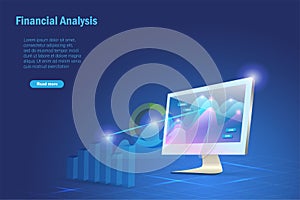 Financial analysis, business intelligence, stock market statistics. 3D analysing growth graph chart on computer screen for