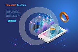 Financial analysis, business intelligence, stock market statistics. 3D analysing growth graph chart on smart phone for business