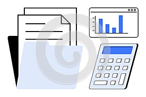 Financial Analysis Documents, File Folder, Calculator, and Bar Chart for Data Management and Reporting