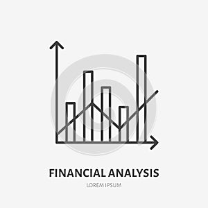 Financial analysis flat logo, column chart and line graph icon. Data visualization vector illustration. Sign for