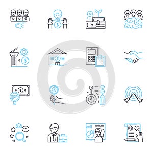 Financial analysis linear icons set. Profitability, Liquidity, Solvency, Efficiency, Stability, Growth, Risk line vector