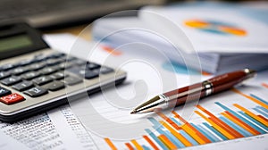 Financial analysis tools: calculator, pen, graph and financial documents