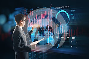 Financial analyst touching high-tech digital screen