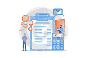 Financial analysts doing income statement with calculator and laptop. Income statement, company financial statement, balance sheet