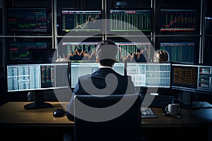 Financial analysts and traders working on a computers with multi-monitor workstations with real-time stocks, commodities and