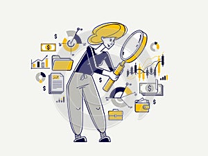 Financial analytics vector outline illustration, analytic with magnifying glass making inquiry about finances, financier reviewing