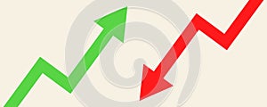 Financial arrows up and down. Green and red arrow. Increase and decrease.