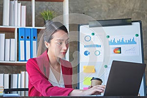 Financial, Asian businesswoman in red suit holding cup of coffee sitting on desk in office, having computer for doing accounting