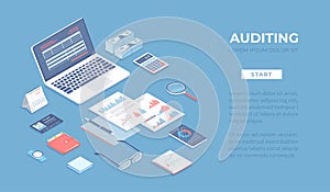 Financial audit, accounting, analytics, data analysis, report, research. Documents with charts graphs, report, magnifying glass