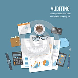 Financial audit, accounting, analytics, data analysis, report, research. Documents with charts graphs photo