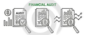 Financial audit assessment result, finance business accounting analytic, auditor statistics line icon. Document, magnifier vector