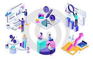 Financial audit. Budget graph, tax expert and business finance balance valuation isometric 3D vector illustration set