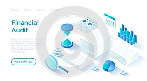 Financial audit and business analysis concept. Documents with charts, magnifying glass, calendar, money, coins, hourglass.