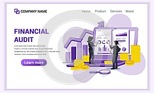 Financial audit concept with characters. Business examiner and financial report. Can use for web banner, infographics, landing
