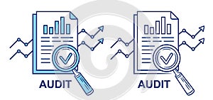 Financial audit control, auditor statistic review, finance accounting analysis. Business document with chart under magnifier icon