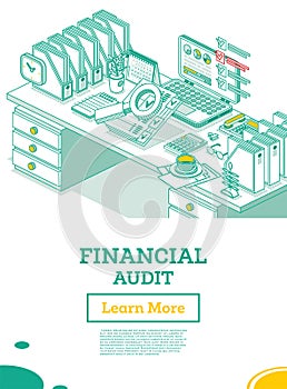 Financial Audit. Isometric Business Concept. Account Tax Report. Laptop with Calendar and Magnifier. Documents Under Magnifying