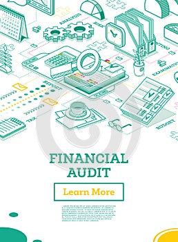 Financial Audit. Isometric Business Concept. Account Tax Report. Open Folder with Documents. Calendar and Magnifier. Report Under