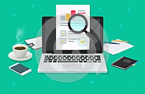 Financial audit research analysis sales data report online on laptop computer vector, pc analytics document web report
