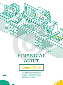Financial Audit. Workplace of an Auditor or Accountant. Isometric Business Concept. Account Tax Report. Two Computers on Desk with