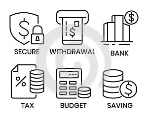 Financial And Banking icon Set For Apps And Website, UI UX Icons, Budget Icon, Tax, Income, Payment, Investment Data, Profit,